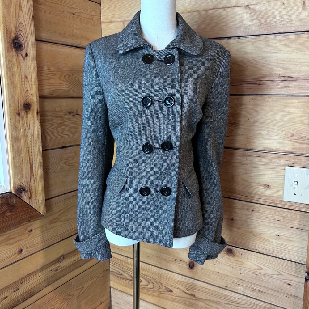 Wool Tweed Double Breasted Jacket Womens Small Grey Cropped Peacoat Blazer MCM